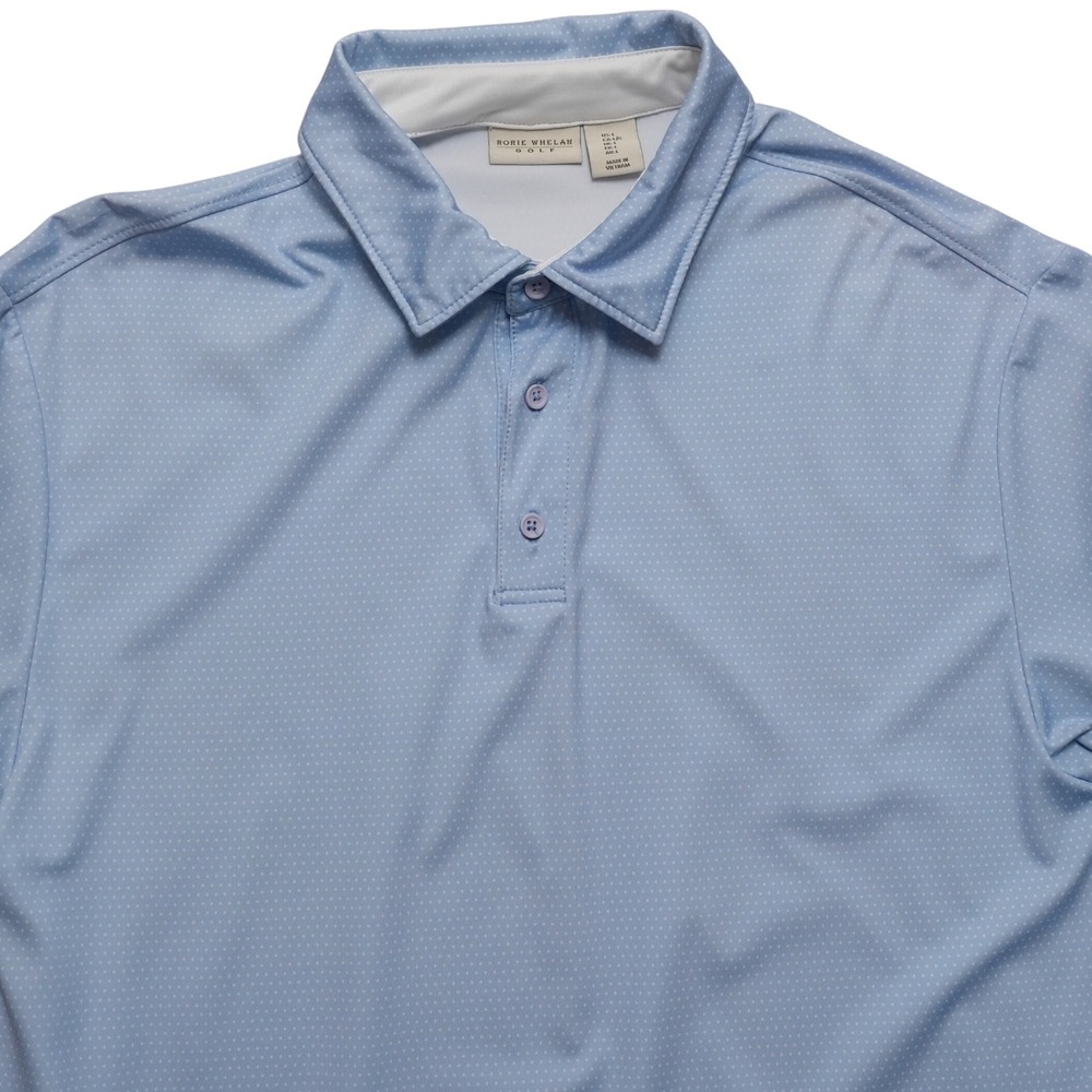 Rorie Whelan Golf Polo Mens L‎ Blue Polka Dot Performance Stretch Shirt